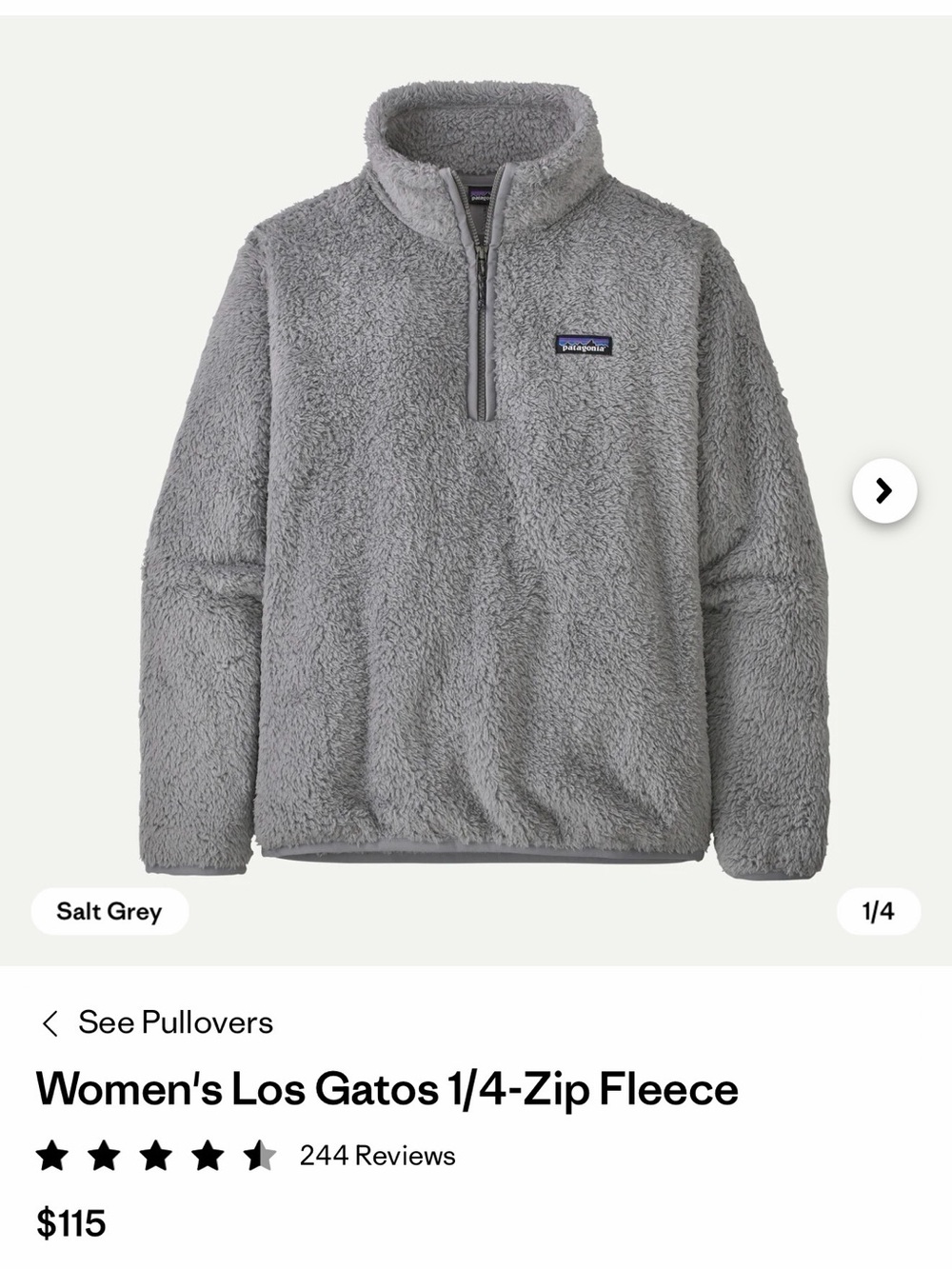 Patagonia grey fuzzy quarter zip size medium